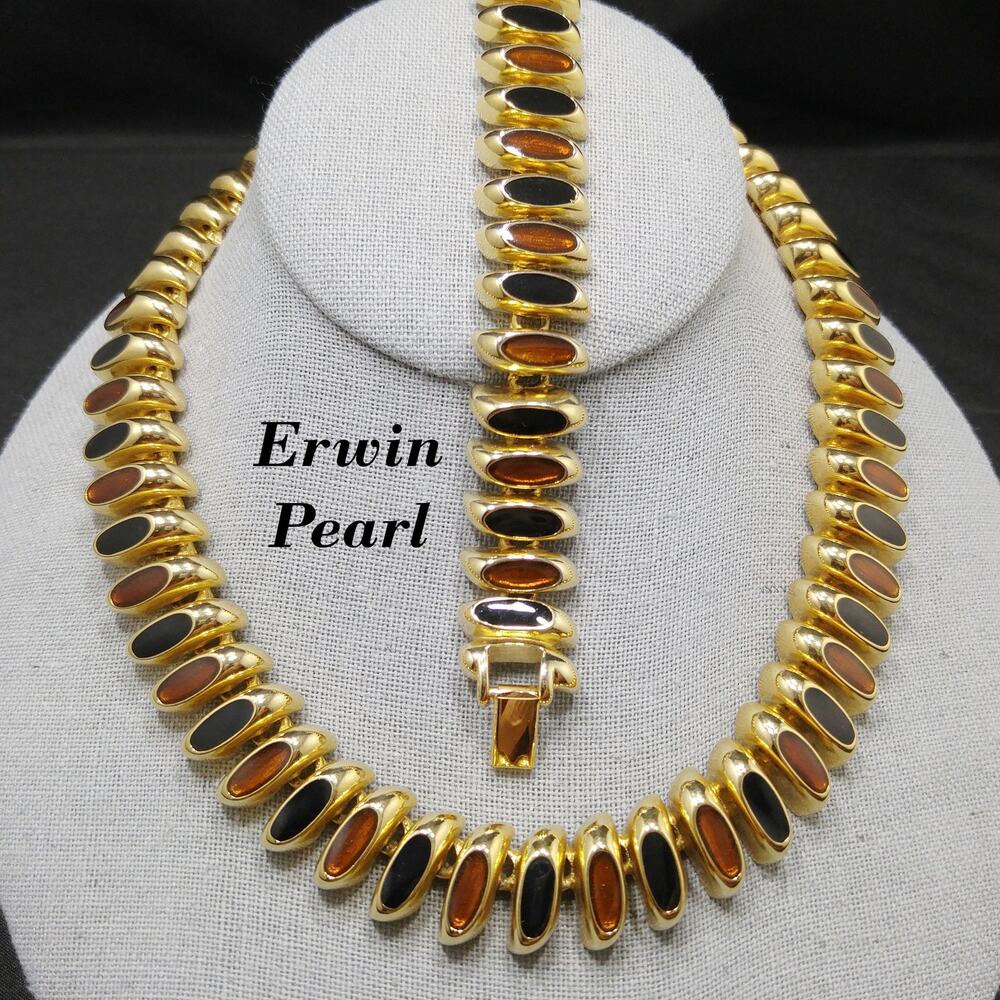 Erwin Pearl Enamel Necklace & Bracelet, Brown Black Enamel, Gold Plate, 1980s